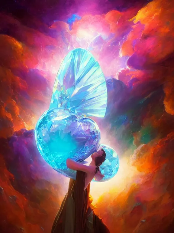 Image similar to a ultradetailed beautiful concept art of the crystal formation of the prismatic heart being absorbing the wonderful colors of the emotion around it, concept art, high resolution 4 k, by tom bagshaw, greg rutkowski, charli bowater and artgeem