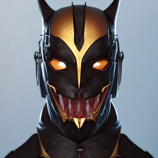 Image similar to a vampire bat crusader mask, epic scale, character concept art, face symmetry, intricate accurate details, artstation trending, octane render, cinematic color grading, soft light, rule of thirds, golden ratio, like a professional model, cinematic, 8 k, clear.