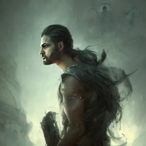 Image similar to Portrait of David Yousefi ,Composer, heroic, tricolor background, amazing splashscreen artwork, splash art, head slightly tilted, natural light, elegant, intricate, fantasy, atmospheric lighting, cinematic, matte painting, detailed face, by Greg rutkowski