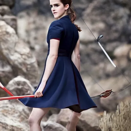 Prompt: Emma Watson with long red hear, wearing a navy dress, carrying a bow and arrow, photographed from the back, looking backwards, crisp lighting, lens flair, low contrast