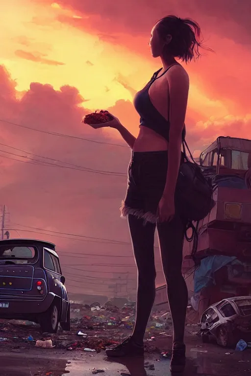 Image similar to young woman in mini short with backpack looking at food at garbage dump, destroyed cars, city is pure wasteland, moody sunset background, rays of sunlights, ( ( ( rainbow ) ) ), high details, sharp, photorealism, cinematic, greg rutkowski, artgerm, unreal engine, highly detailed