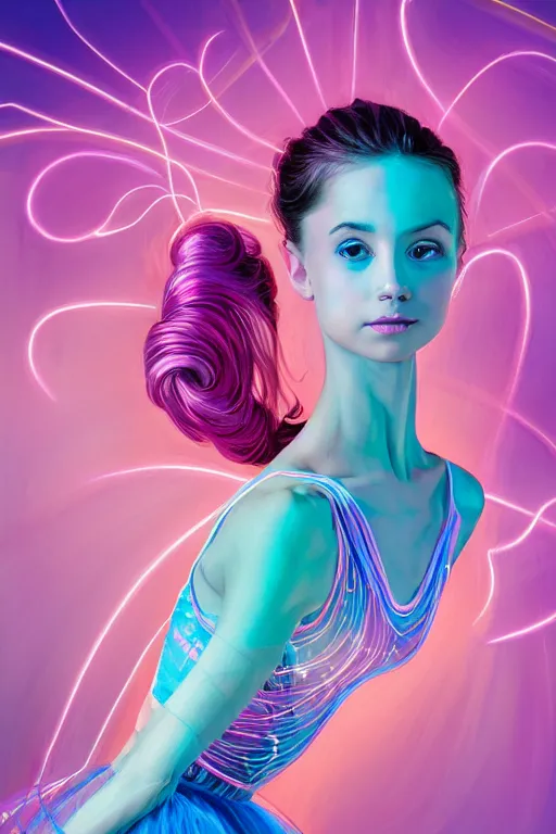 Image similar to a award winning half body portrait of a beautiful ballerina in a crop top and tutu with ombre purple pink teal hairstyle and hands in pockets by ari liloan, surrounded by whirling illuminated lines, outrun, vaporware, smooth, focus, shaded flat illustration, digital art, trending on artstation, highly detailed, fine detail, intricate