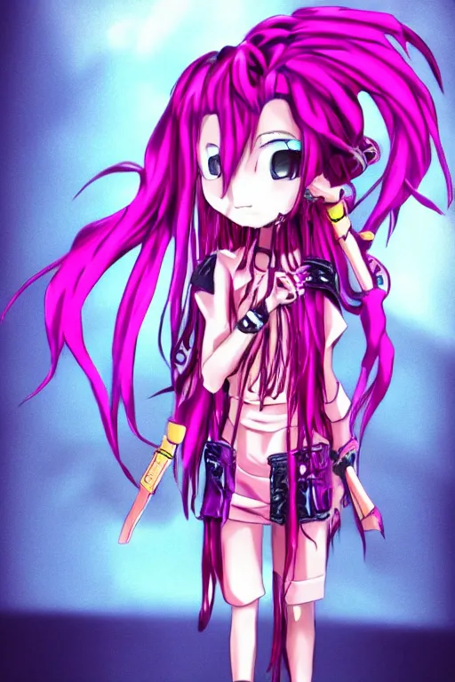 Prompt: a dramatic lighting photo of a anime chibi manga girl with pink snake dreads.