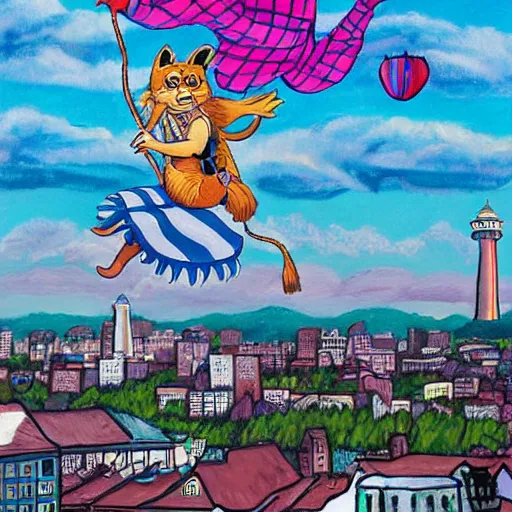 Image similar to Alice riding atop the Cheshire Cat, flying over Portland Maine, city skyline, highly detailed painting