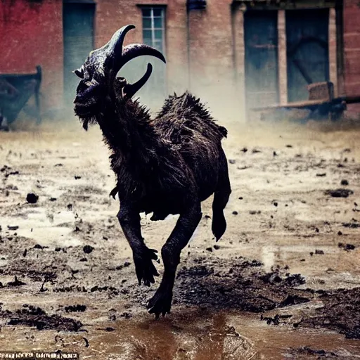 Image similar to horror, action photo, hd, depth of field, moody, a monstrous mutant goat creature is galloping across a muddy medieval village square in daylight, filthy matted fur, human eyes, disturbing, mutated, crocodile - like teeth