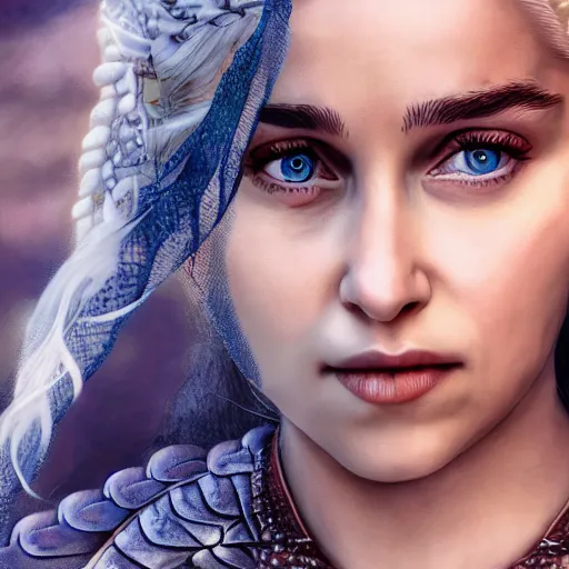 Image similar to khaleesi as a goddess in heaven, piercing eyes, portrait, highly detailed, realistic, realistic face, beautiful eyes, Daenerys Targaryen 8k, hd, cinematic