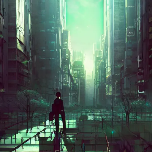Image similar to android in an urban dystopia makoto shinkai