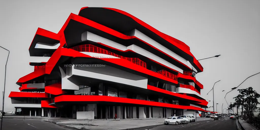 Prompt: extremely beautiful architecture photo of a red black yellow and white building complex in lagos nigeria in the style of rem koolhaas and virgil abloh, zaha hadid, postmodern, clean, the structure is angular and geometric, beautiful, award winning architecture, extremely beautiful lighting, cinematic composition, modern, render, architectural, architecture, realistic, clear