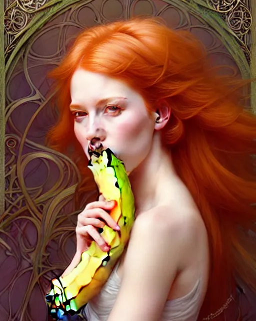 Image similar to Beautiful and playful ethereal ginger portrait eating banana, art nouveau, fantasy, intricate flower designs, elegant, highly detailed, sharp focus, art by Artgerm and Greg Rutkowski and WLOP