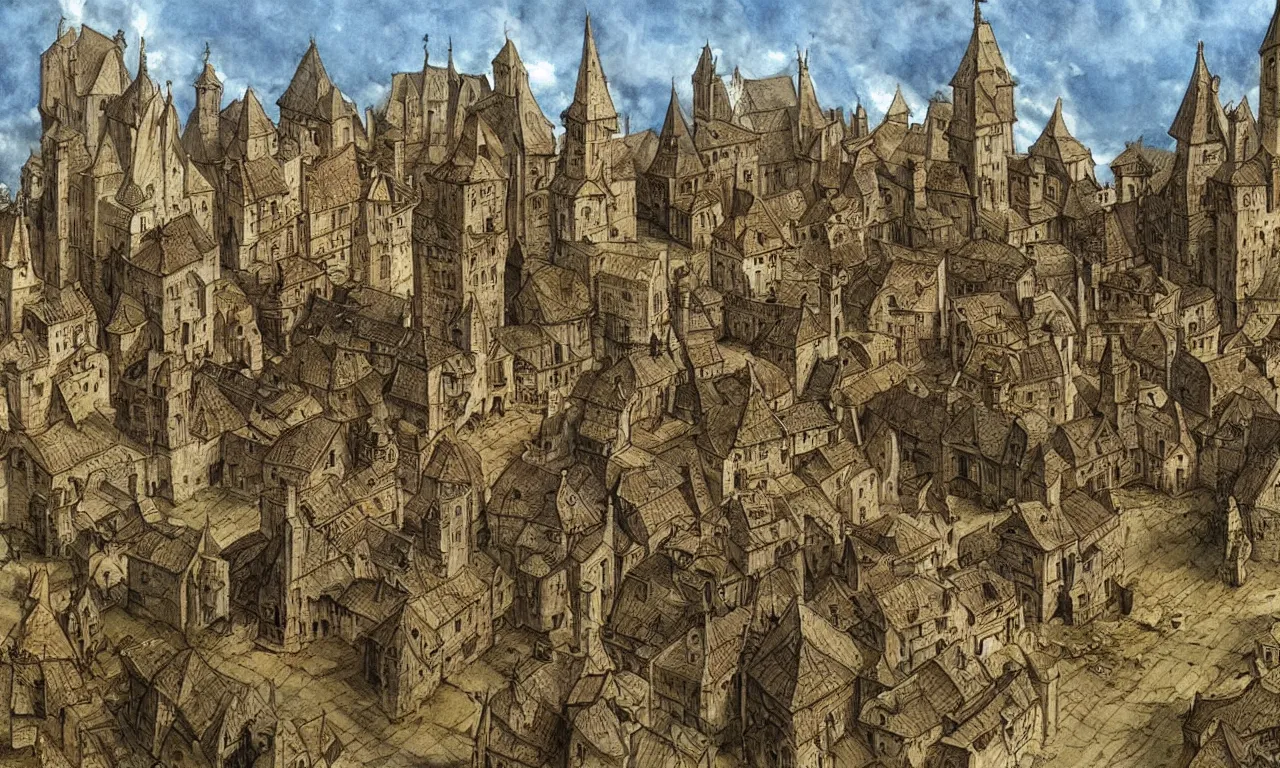 Image similar to stereoscopic 3D medieval small town with farms, middle-ages, high detailed sketch by John Howe and Alan Lee, award-winning masterpiece