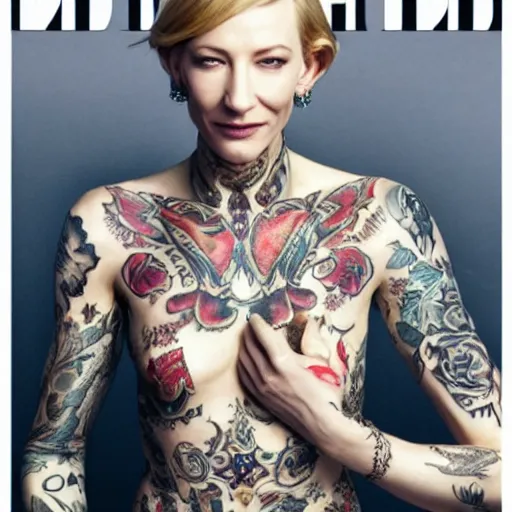 Image similar to full body tattooed cate blanchett, nose ring, 4k