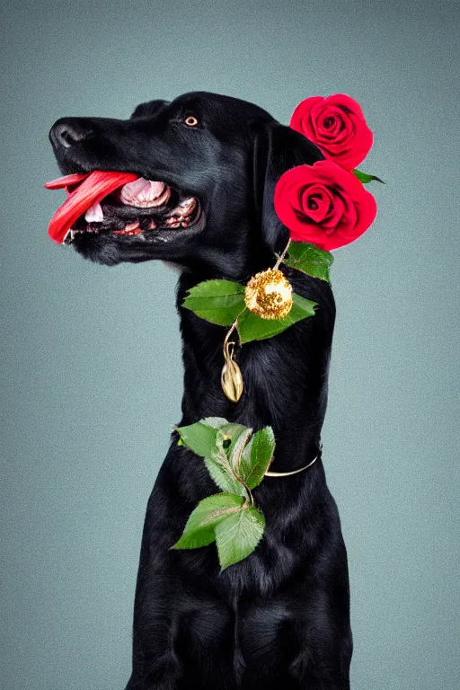 Image similar to black dog holding rose in his mouth with green eyes, gold earring on ear, studio lighting, 4 k, realistic, chromatic abberation, global illumination