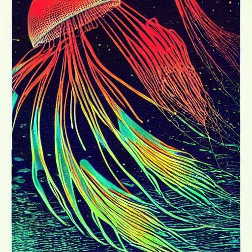 Image similar to cell shading jellyfish on black paper, vivid colours, by moebius, hiroshi yoshida, druillet