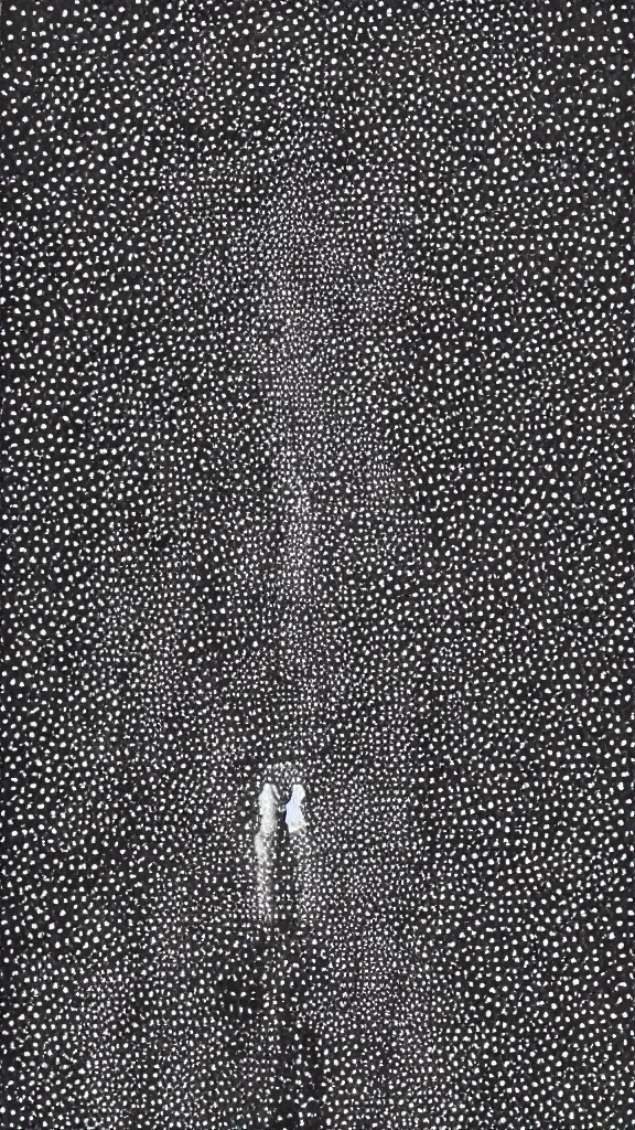 Image similar to portal to other dimension, face made out of planet, faceless people dark, dots, drip, stipple, pointillism, technical, abstract, minimal, style of francis bacon, asymmetry, pulled apart, cloak, hooded figure, made of dots, abstract, balaclava