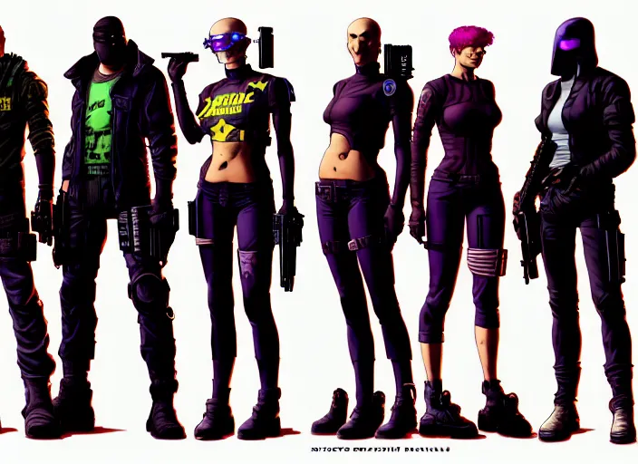 Image similar to cyberpunk cartel kill squad. portrait by stonehouse and mœbius and will eisner and gil elvgren and pixar. character design. realistic proportions. cyberpunk 2 0 7 7 character art, blade runner 2 0 4 9 concept art. cel shading. attractive face. thick lines. the team. diverse characters. shadowrun. artstationhq.