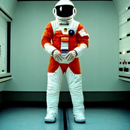 Image similar to Space odyssey astronaut wearing nasa chroma puffet jacket in the shining by stanley kubrick, shot by 35mm film color photography