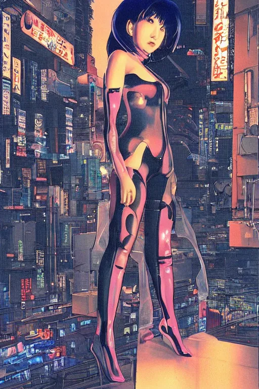 Image similar to cyberpunk japanese women with black eyes and pretty face wearing latex catsuit and lots of transparent and cellophane accessories, blue hour, crisp, painting by moebius and mayumi hosokura