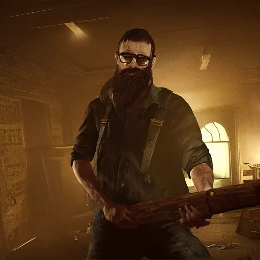 Prompt: jack baker from resident evil 7 ( 2 0 1 7 ) wielding axe, bearded, thinning hair, circular glasses, cinematic lighting, eerie atmosphere, photograph