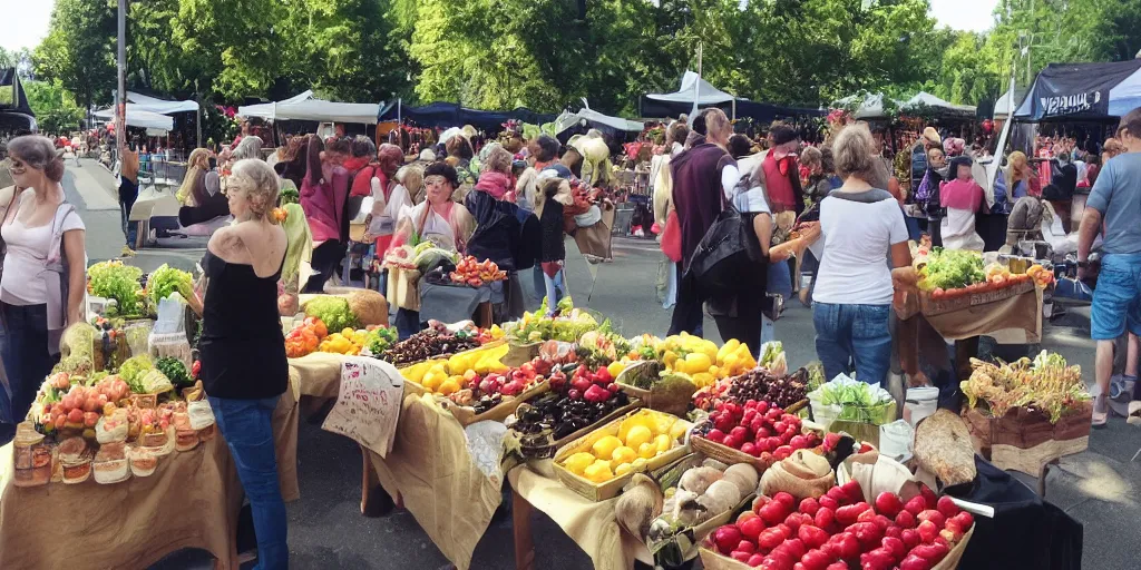 Prompt: a lovely photo, sunday morning at the local farmers market, vendors with fruit and breads, jars of jams and honey, crowds of people, flowers and activity all around, happy, fun