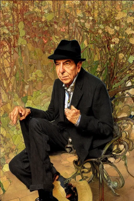 Prompt: Leonard Cohen, wearing a trilby hat, portrait by Stanley Artgerm Lau, greg rutkowski, thomas kindkade, alphonse mucha, loish, norman Rockwell