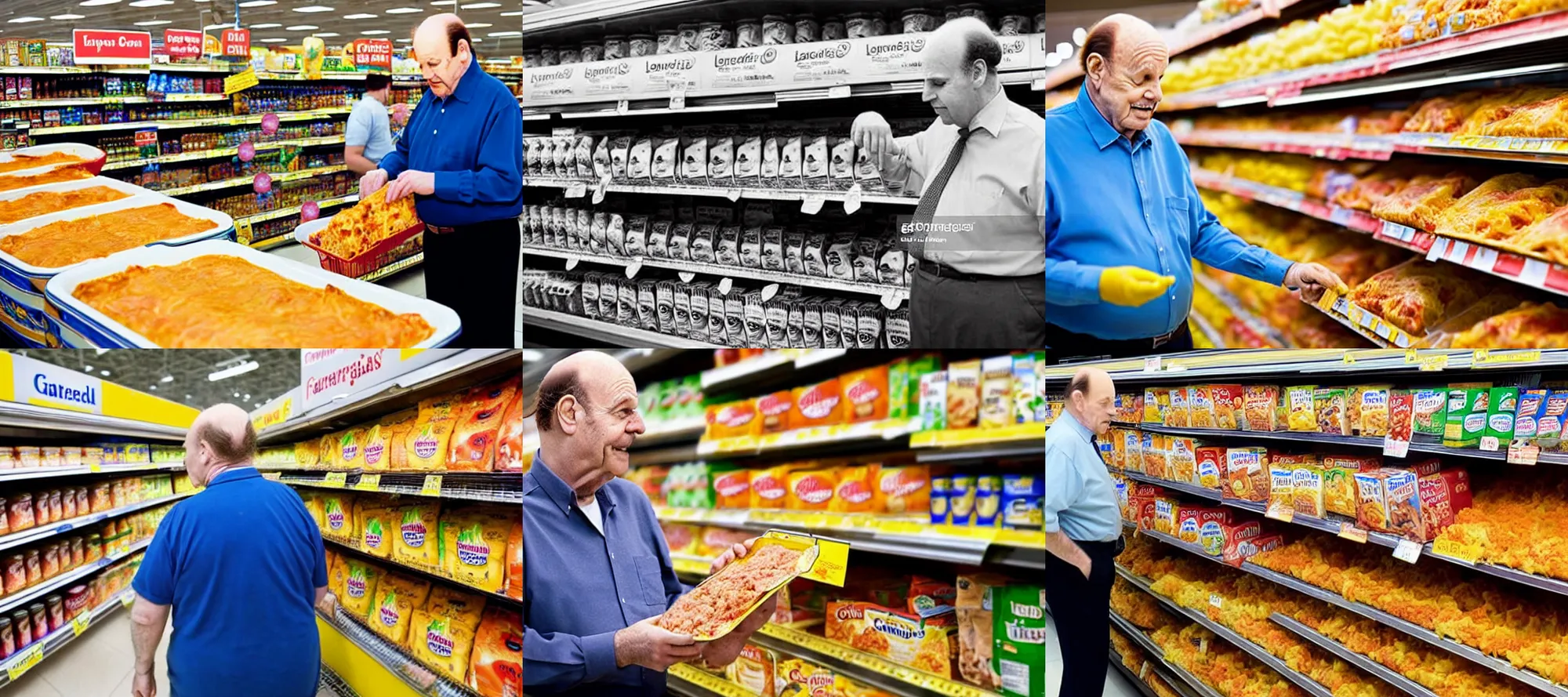 Prompt: garfield shopping for lasagna at the supermarket, retired, late 5 0 s, balding