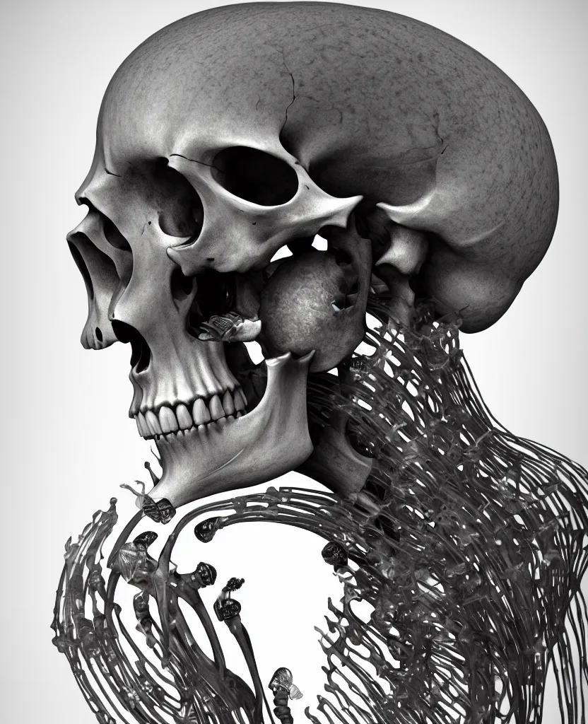 Image similar to goddess close-up portrait human skeleton, ram skull, skeleton, thorax, x-ray, backbone, jellyfish phoenix head, nautilus, orchid, skull, betta fish, bioluminiscent creatures, intricate artwork by Tooth Wu and wlop and beeple. octane render, trending on artstation, greg rutkowski very coherent symmetrical artwork. cinematic, hyper realism, high detail, octane render, 8k