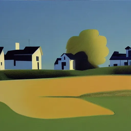 Image similar to dreaming futuristic rural landscape with modern houses, painted by Alex Katz and Edward Hopper, airbrush, highly detailed