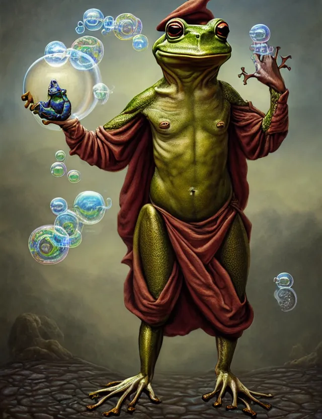 Image similar to anthropomorphic bipedal frog that is dressed as a renaissance fighter, as a matte oil painting and d & d character art, by alex grey, standing, fullbody, floating bubbles, mystic, fog, fractals, spirals, concept art, award - winning, extremely detailed, sharp focus