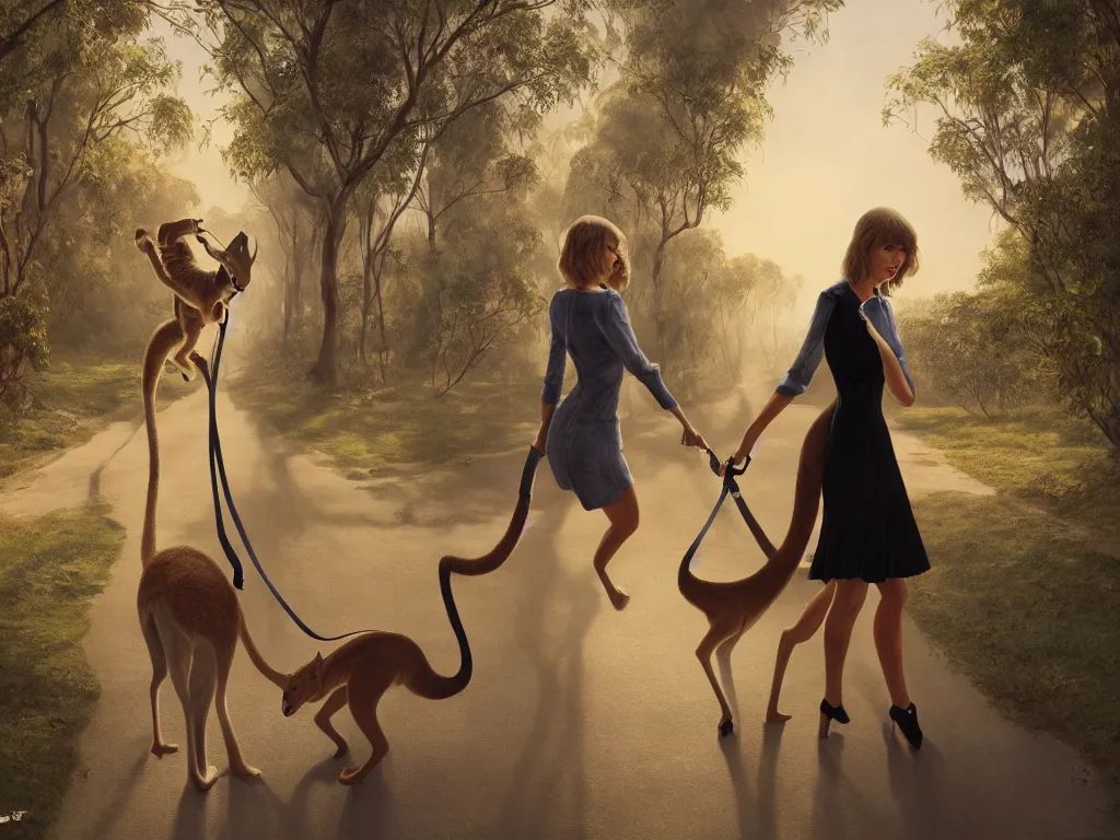 Image similar to taylor swift walking a kangaroo in the style of michael cheval, 4 k, hyper detailed, trending on artstation, photorealistic, volumetric lighting, octane render,