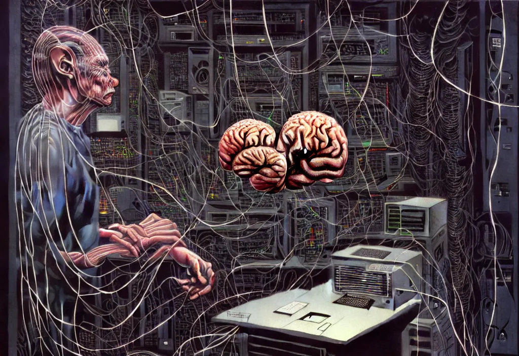 Prompt: realistic detailed photo rendered in octane 3d , of a big human brain connected with wires and cords to an old PC computers from 90s in a server room by Francis Bacon , by H.R. Giger, by Ayami Kojima, Amano, Karol Bak, Greg Hildebrandt, and Mark Brooks , rich deep colors. Beksinski painting, art by Takato Yamamoto. masterpiece. rendered in blender, ultra realistic, smooth shading, ultra detailed, high resolution, cinematic, unreal 6