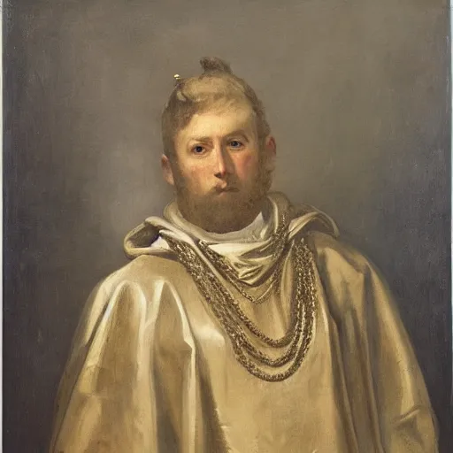 Prompt: a portrait of a man wearing a long pale cloak, face covered by hood, holding gold chains, oil painting, high detail