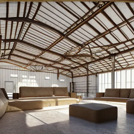 Image similar to interior view of modern futuristic farm barn architecture and interior design, lounge chairs, sofas, cows, chickens, pigs, wall art, detailed luminescent oil painting 4 k