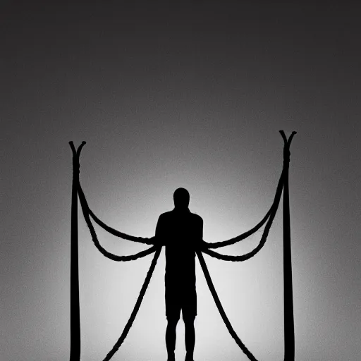 Prompt: full length photograph ropes in the shape of a man, backlit, high contrast, centered, roadway