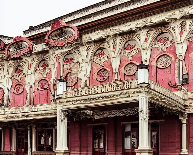 Prompt: photo of an outdoor mural of an opera house from the early 1 9 0 0 s in the style of art nouveau, red curtains, art nouveau design elements, art nouveau ornament, opera house architectural elements, painted on a brick wall, outdoor mural, mucha