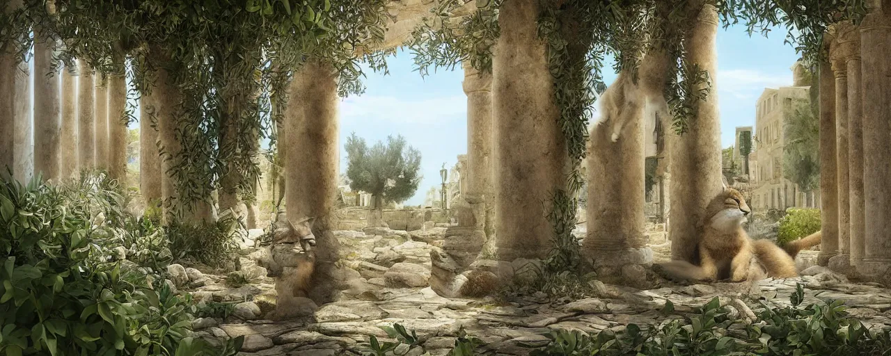 Image similar to cute fluffy caracal wearing toga, in ancient greek town, marble columns, olive trees, sunny, a beautiful landscape by gediminas pranckevicius