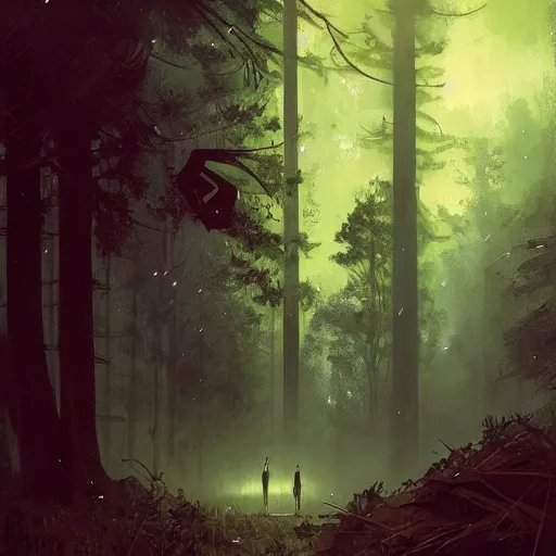 Image similar to concept art by greg rutkowski, a very tall and slender young man, frightened, surrounded by fireflies, in the middle of a forest of giant trees, detailed portraits, disturbing atmosphere, uncanny green lighting, scifi, digital painting, artstation, concept art, smooth, sharp foccus ilustration, artstation hq