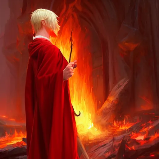 Prompt: middle adged blonde male elf wizard in red robes, surrounded by fire, epic wallpaper, high fantasy, trees, intricate detail, digital painting, artstation, concept art, smooth, sharp focus, illustration, art by greg rutkowski and wlop and raymond swanland and ross tran