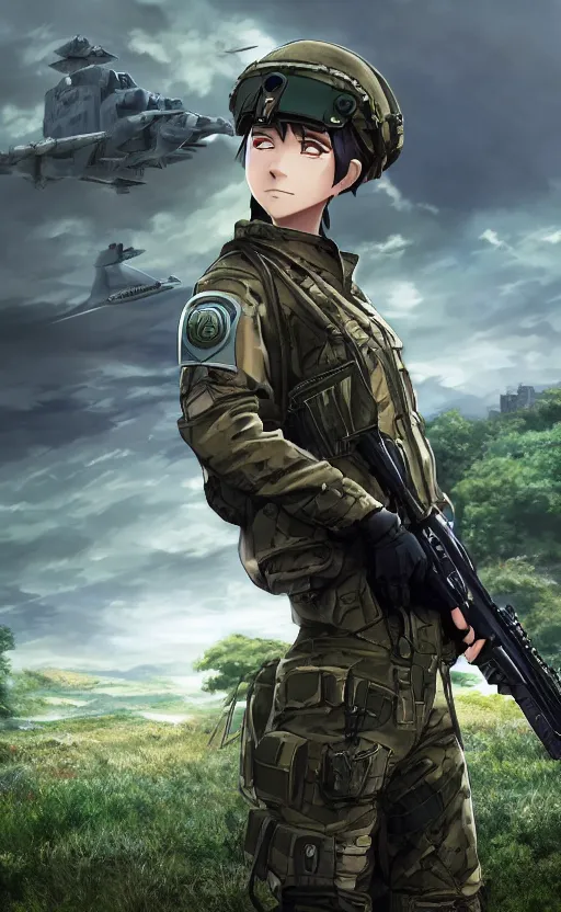 Prompt: girl, trading card front, future soldier clothing, future combat gear, realistic anatomy, concept art, professional, by ufotable anime studio, green screen, volumetric lights, stunning, military camp in the background, metal hard surfaces, focus on generate the face, tanny skin