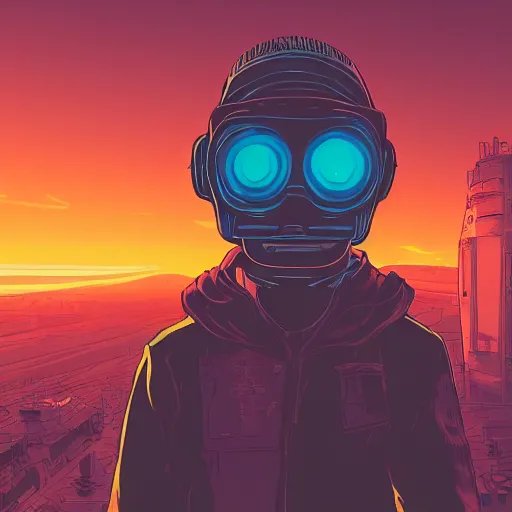 Image similar to in the style of max prentis and deathburger and laurie greasley a close up of a young explorer wearing a cyberpunk headpiece sitting on the head of a giant robot watching the sunset in the distance, highly detailed, 8k wallpaper