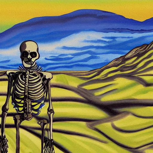 Image similar to alive skeleton painting a landscape with brushes