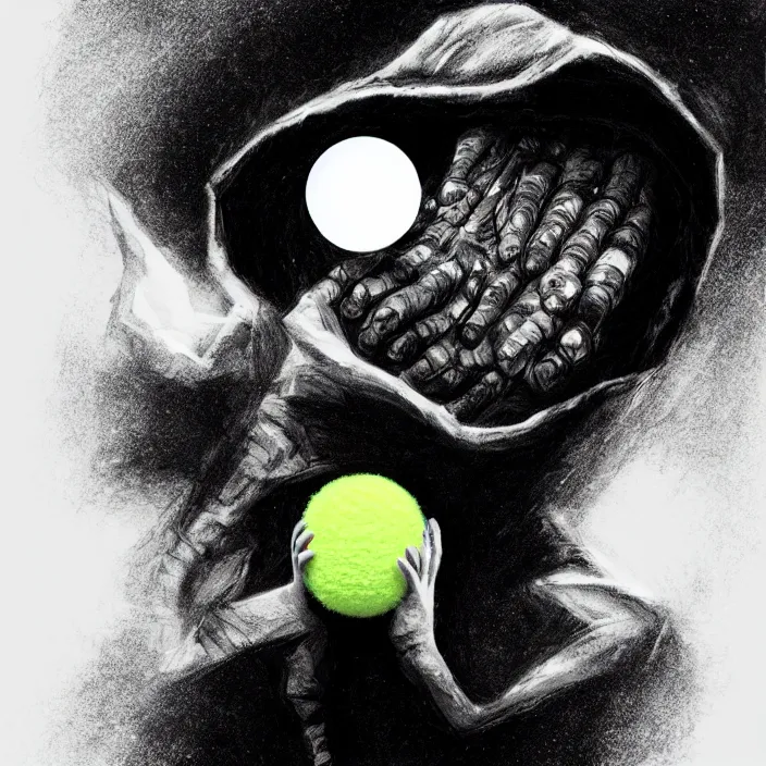 Image similar to cinematic portrait of a cute tennis ball monster in the abyss of space, chalk, masterpiece, trending on artstation, featured on pixiv, cinematic composition, dramatic pose, beautiful lighting, sharp details, hyper-detailed, HD, HDR, 4K, 8K, art by Basil Gogos