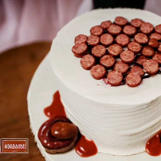 Image similar to a wedding cake made of meat and sausages with ketchup sauce. During wedding. Highly detailed 8k