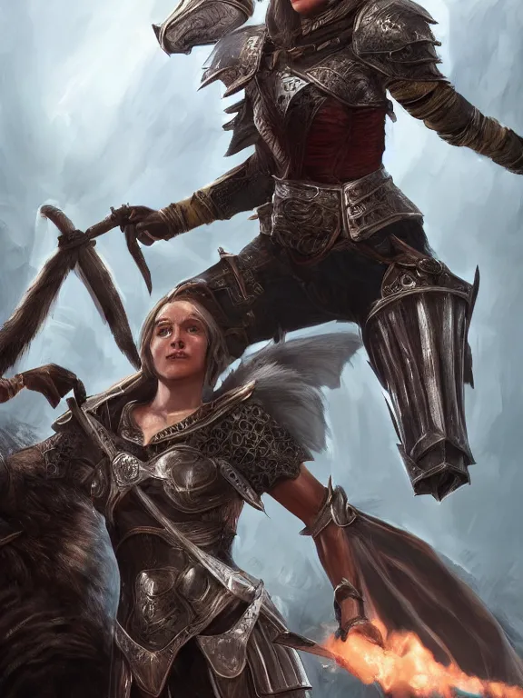 Prompt: a beautiful hyper realistic detailed epic concept art showing a noble knight women with her fist up and her spirit of the great raccoon gradian above her, in the style of dragon age, featured on artstation