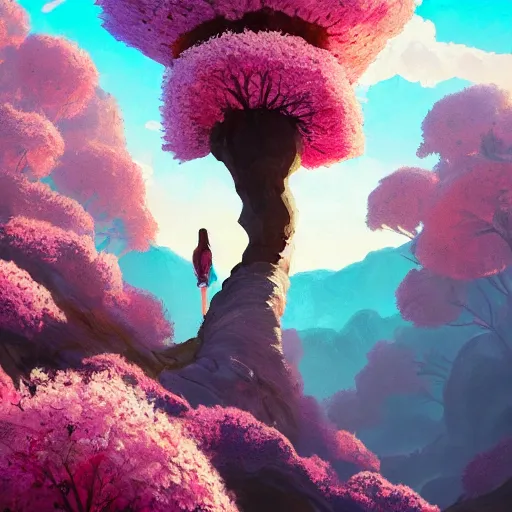 Image similar to giant cherry blossom flower as a head, girl walking in a canyon, surreal photography, sunrise, dramatic light, impressionist painting, colorful clouds, digital painting, artstation, simon stalenhag