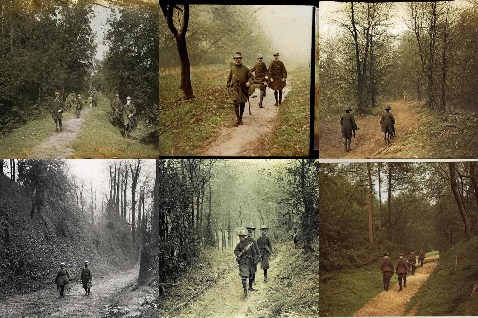 Prompt: landscape colour photograph of WWI soldiers walking down a forested country path