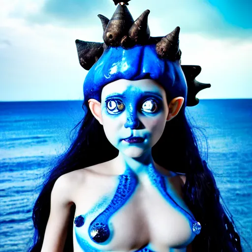 Image similar to a dnd Triton girl with blue skin and messy black hair wearing an elaborate costume made out of seashells sitting on the deck of a ship and holding an apple, a little blue-skinned girl with messy black hair sharp pointed ears freckles along the ridges of her cheeks, dnd triton, high resolution film still, 4k, HDR colors