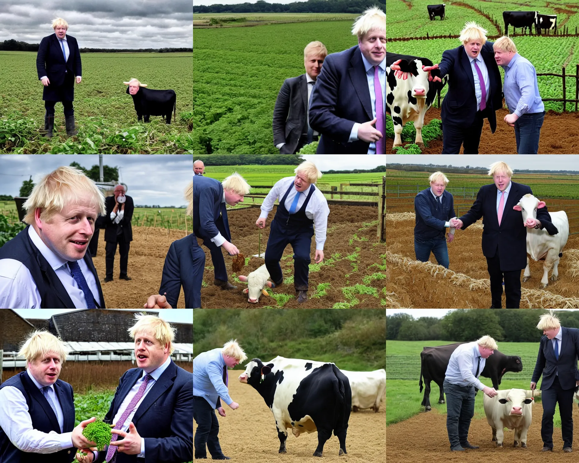 Prompt: boris johnson as a farmer winning a farming competition with his massive cow