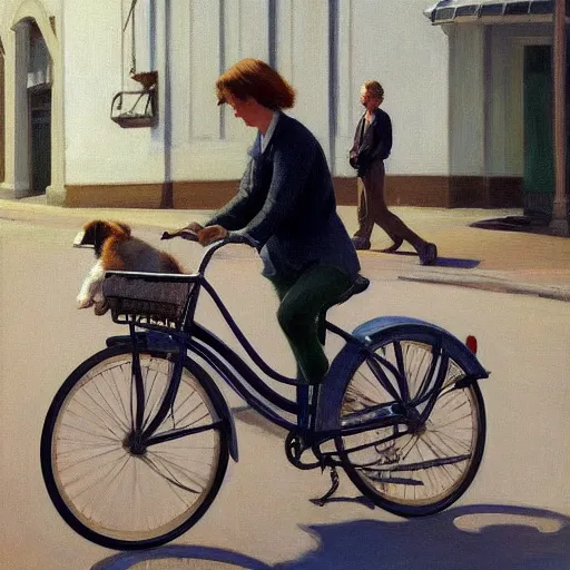 Prompt: young australian shepherd puppy riding a bike in paris. edward hopper. faithfully depicted, sharp focus, global illumination, radiant light, detailed and intricate environment, trending on artstation