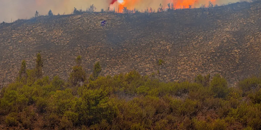 Prompt: hyper-realistic photo of a wildfire behind grassy hills in California, near a small lake