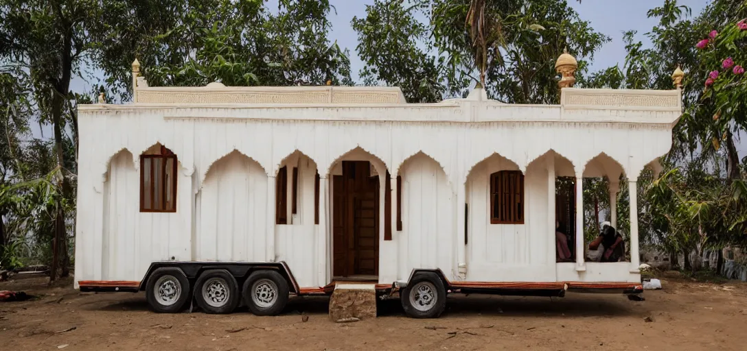 Prompt: mughal - style white ivory tiny home on trailer with minarets in cyberpunk india